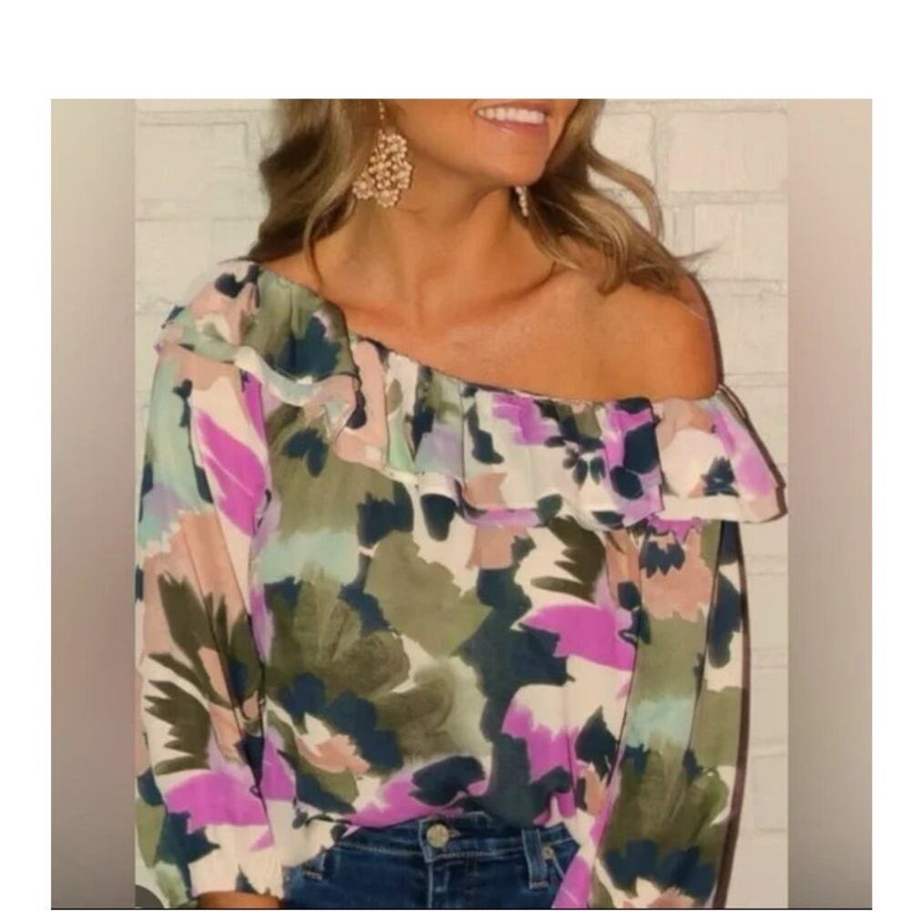 J Crew Mercantile off shoulder Floral ruffle blouse abstract watercolor